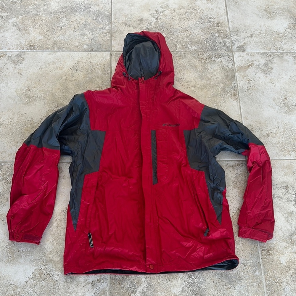 Columbia Red & Gray Rain Jacket Wind Breaker Full Zip Hooded Men’s Large